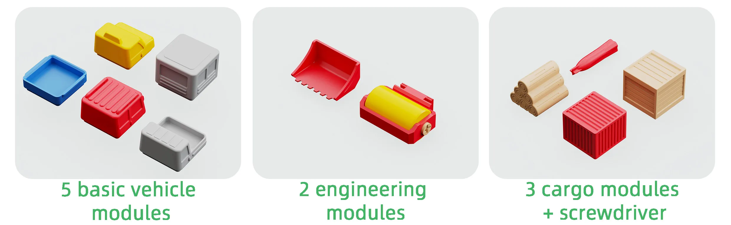 The three module types: basic vehicle modules, engineering modules, and cargo modules