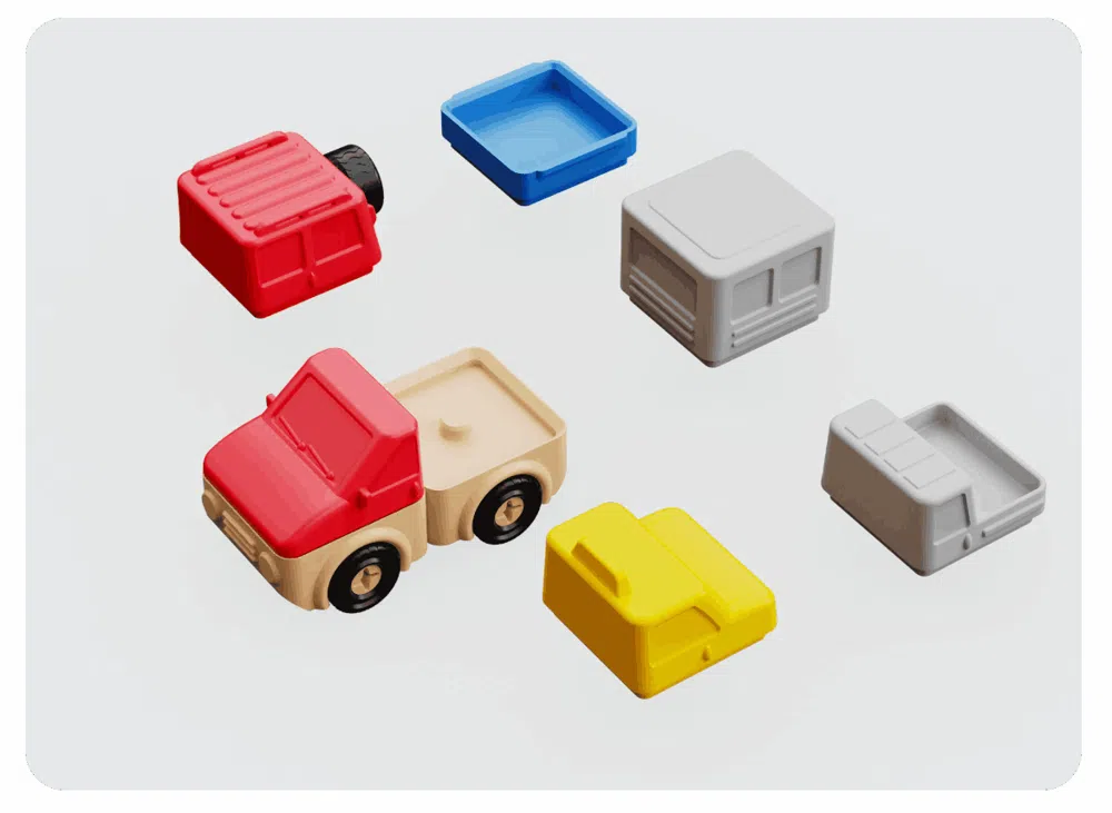 Buildable Block Cars — swappable modules exploded view